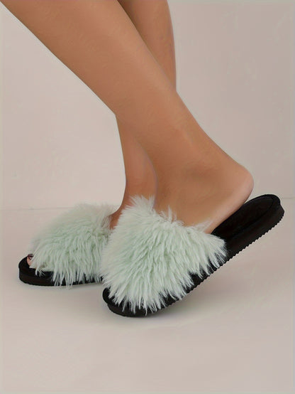 Elegant Women's Faux Fur Slippers - Winter Plush Open Toe Slip-On House Slippers with EVA Sole - Solid Color Fluffy Indoor Cotton Slides - Cixi Production Area