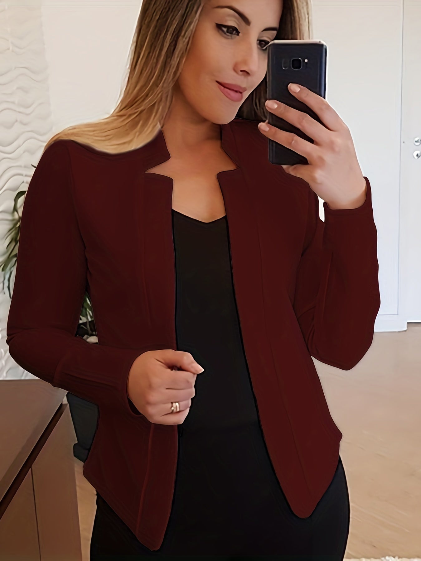Solid Open Front Blazer, Casual Long Sleeve Blazer For Office & Work, Women's Clothing