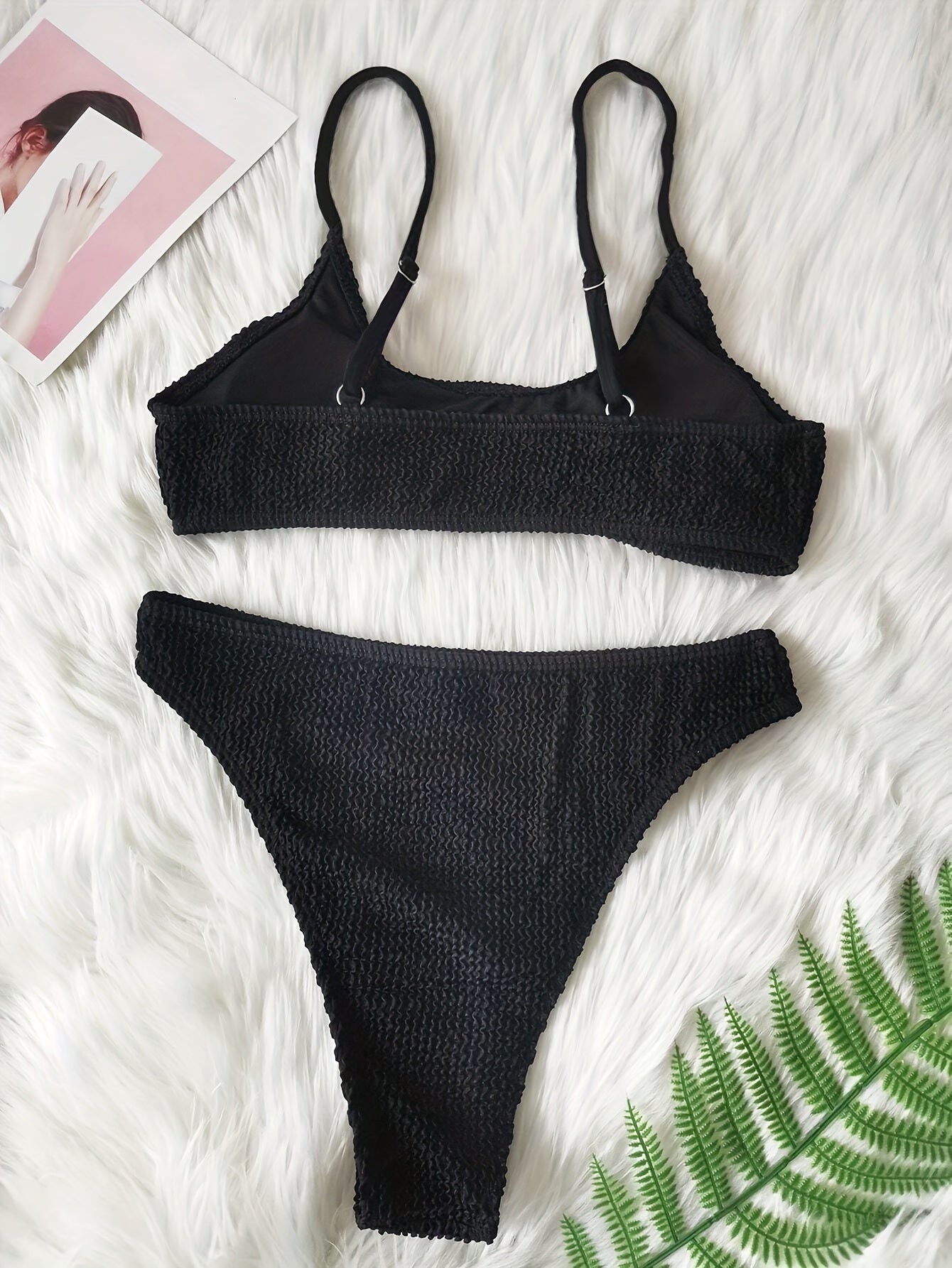 Solid Color Sexy 2 Piece Set Bikini, Spaghetti Straps Hollow Out High Cut Swimsuits, Women's Swimwear & Clothing