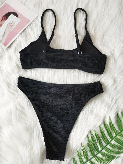 Solid Color Sexy 2 Piece Set Bikini, Spaghetti Straps Hollow Out High Cut Swimsuits, Women's Swimwear & Clothing