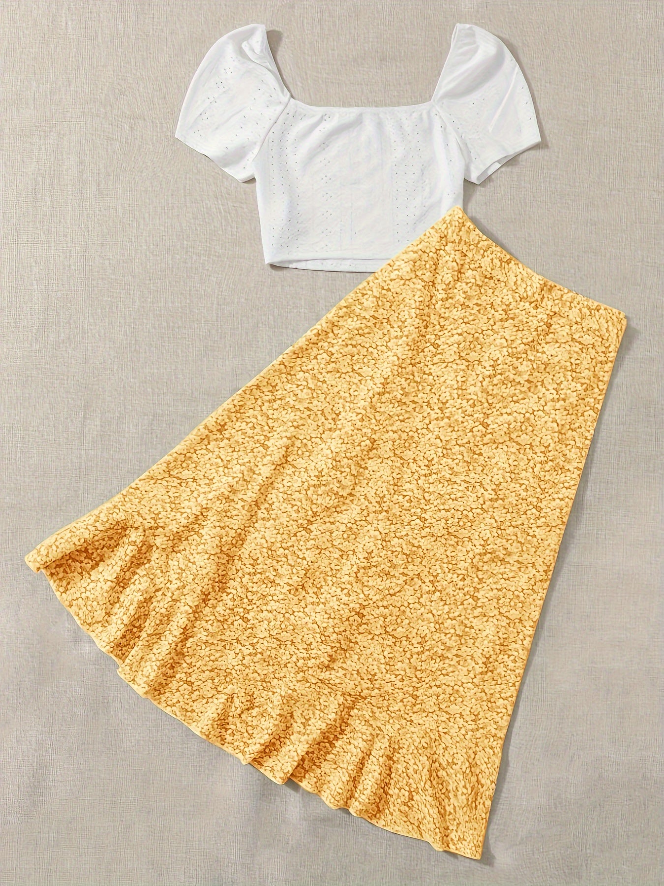 Vacation Ready - Chic Square Neck Crop Top & Adjustable Print Wrap Skirt Set - Flirty Short Sleeves, Womens Two-Piece Outfit