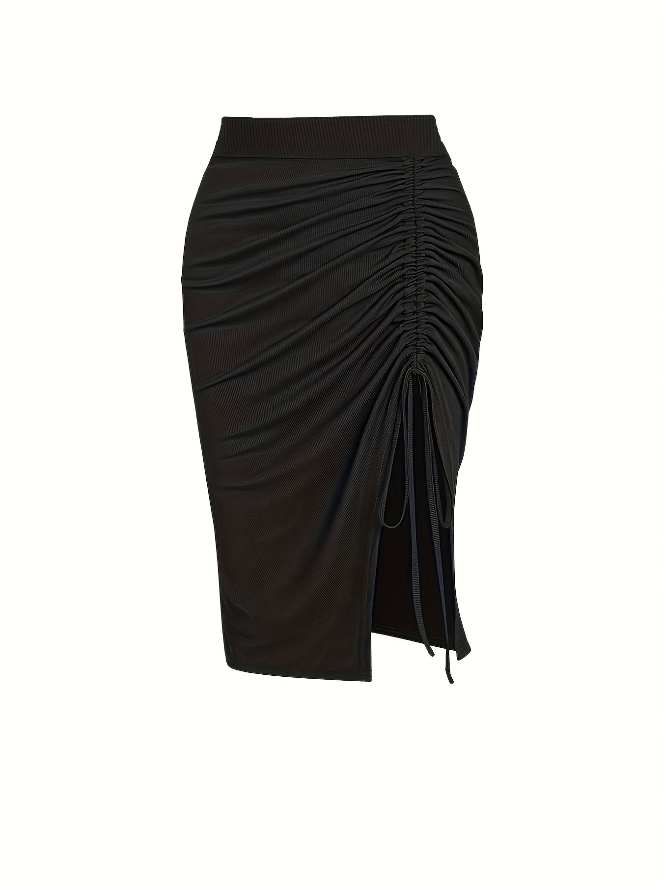 Solid Ruched Drawstring Split Skirt, Casual Bodycon Stretchy Skirt For Spring & Summer, Women's Clothing