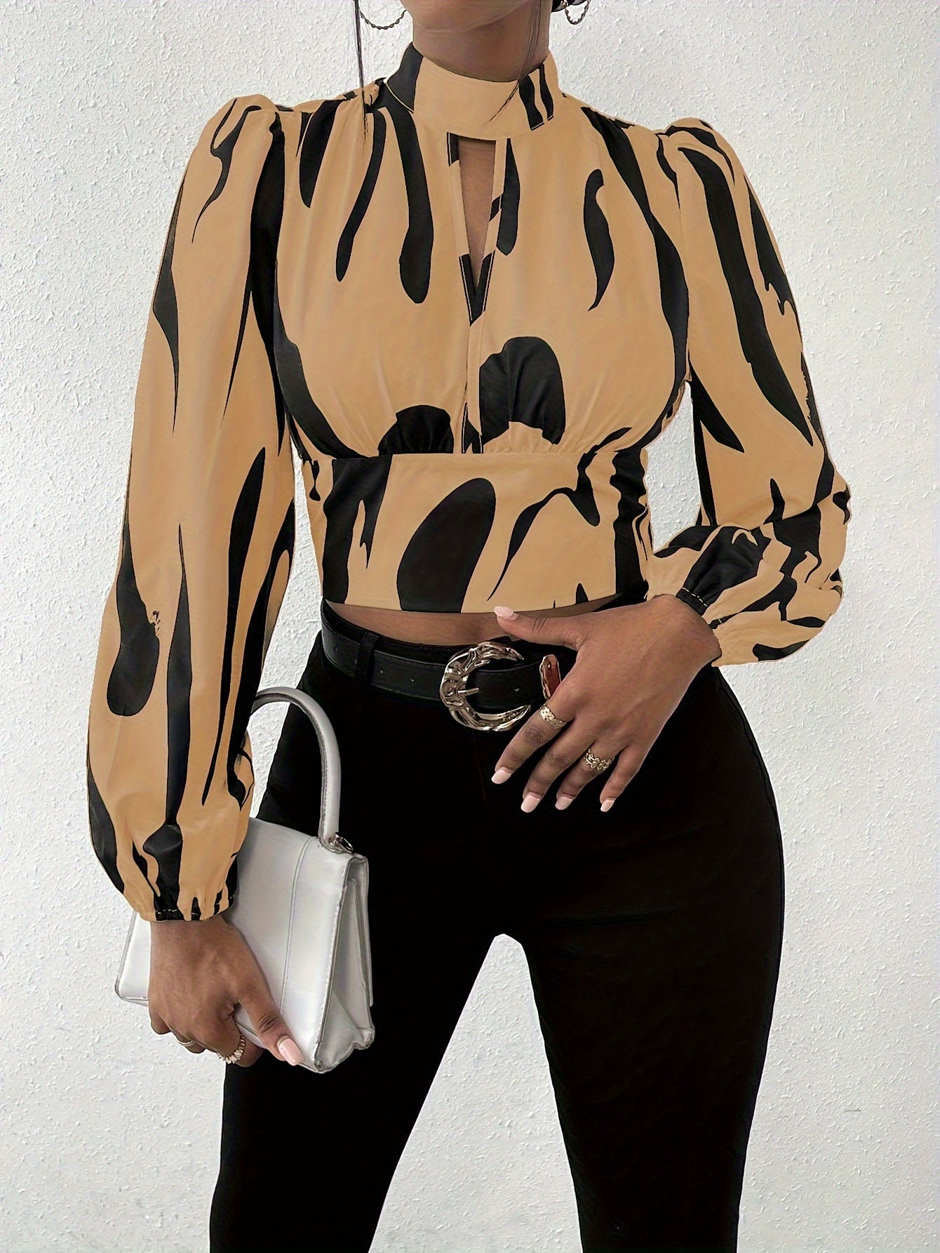 Graphic Print Mock Neck Crop Blouse, Elegant Long Sleeve Cut Out Shirred Blouse, Women's Clothing
