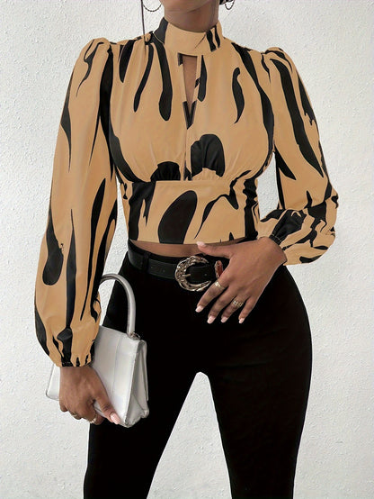 Graphic Print Mock Neck Crop Blouse, Elegant Long Sleeve Cut Out Shirred Blouse, Women's Clothing