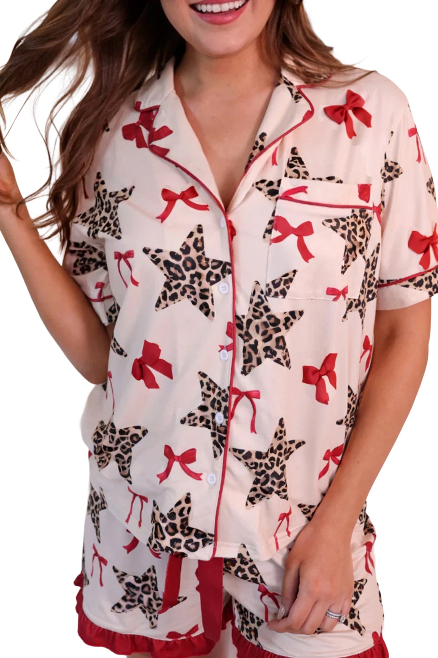 White Leopard Star Ribbon Bow Print Contrast Trim Short Pajama Set