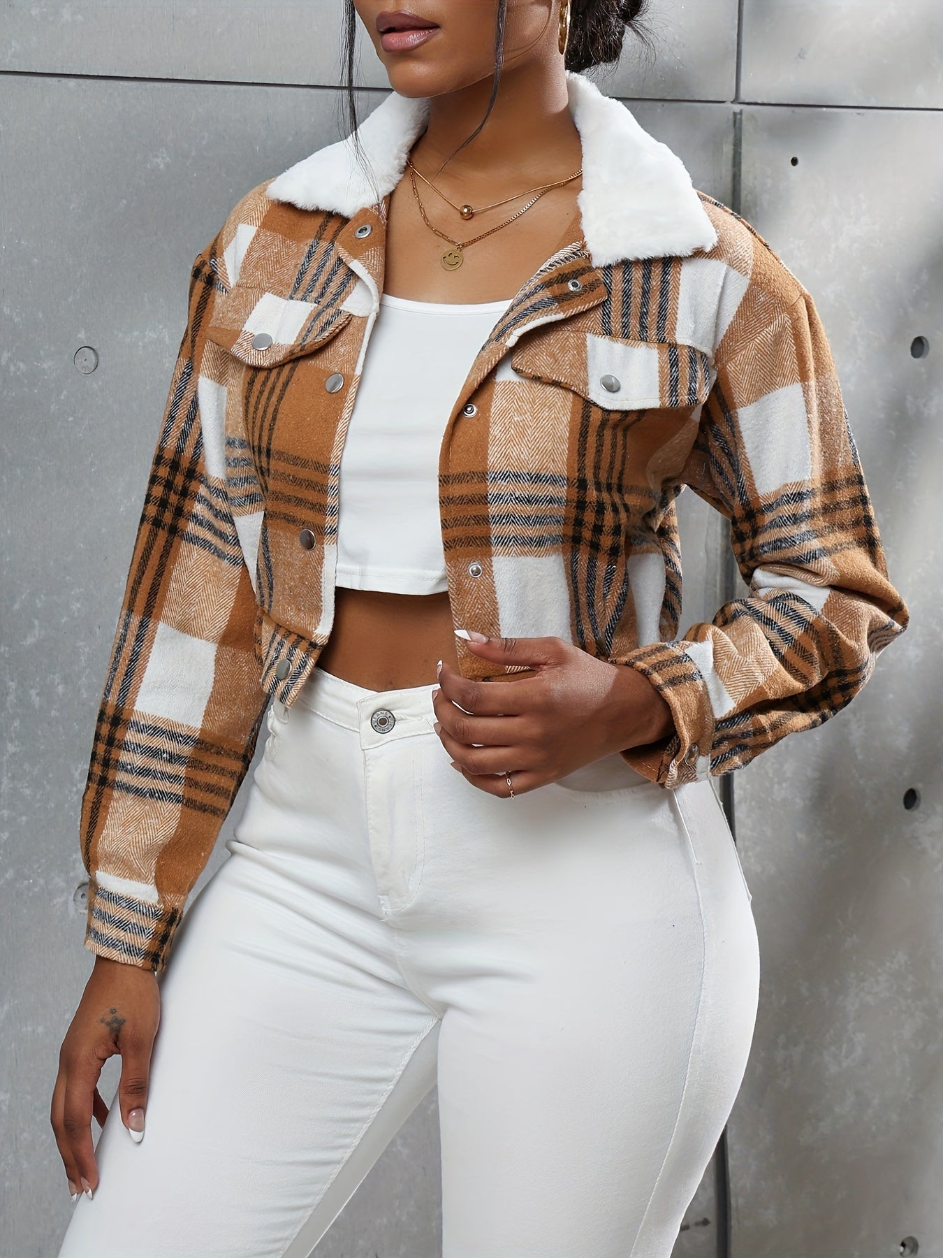 Button Plaid Faux Fur Collar Jacket, Casual Long Sleeve Crop Jacket For Fall & Winter, Women's Clothing