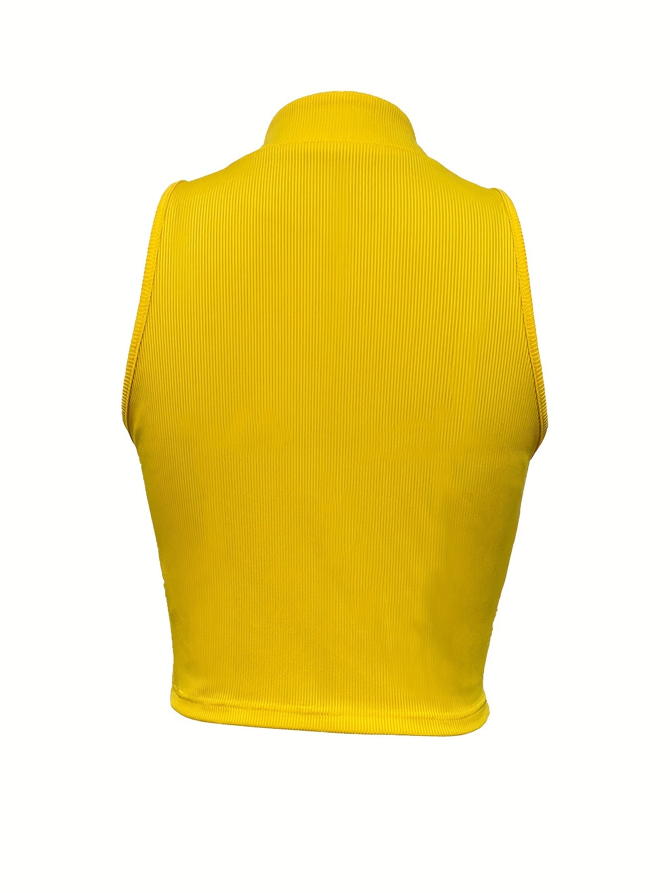 Ribbed Zip Decor Crop Top, Casual Solid Plunging Neck Tank Top For Summer, Women's Clothing
