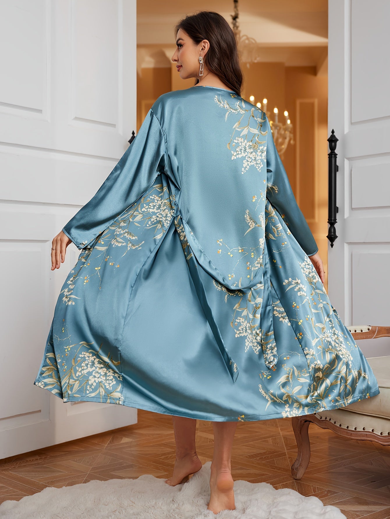 Women's Fashion Sleepwear, Long Sleeve Satin Robe with Cherry Print, V-Neck, Breathable Summer Bath Robe, Home Loungewear, Polyester, Adult Size, Woven Fabric