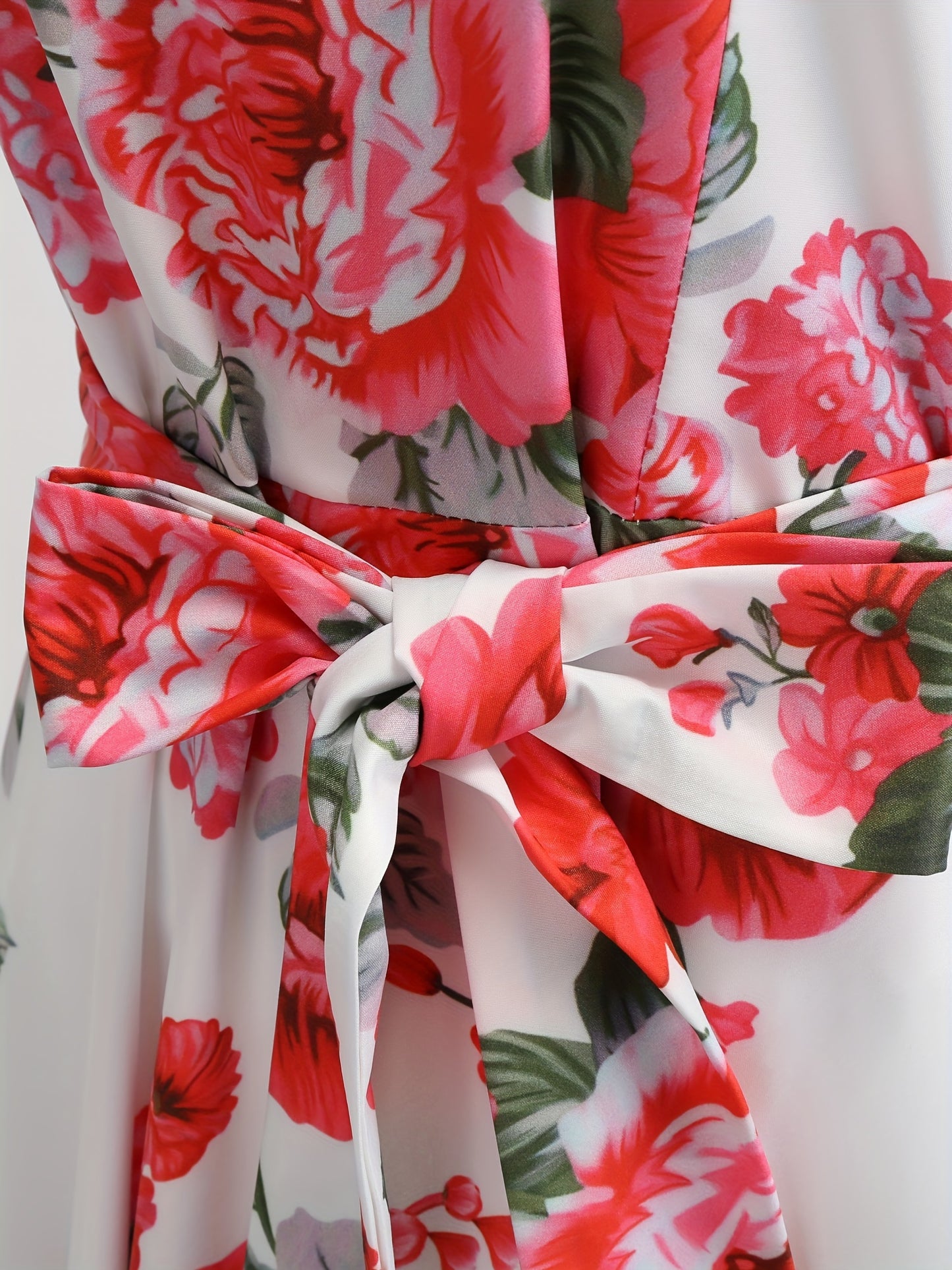 Floral Print Tie Waist Dress, Elegant Crew Neck Cap Sleeve Pleated Dress, Women's Clothing