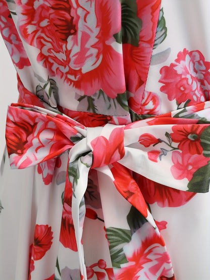 Floral Print Tie Waist Dress, Elegant Crew Neck Cap Sleeve Pleated Dress, Women's Clothing