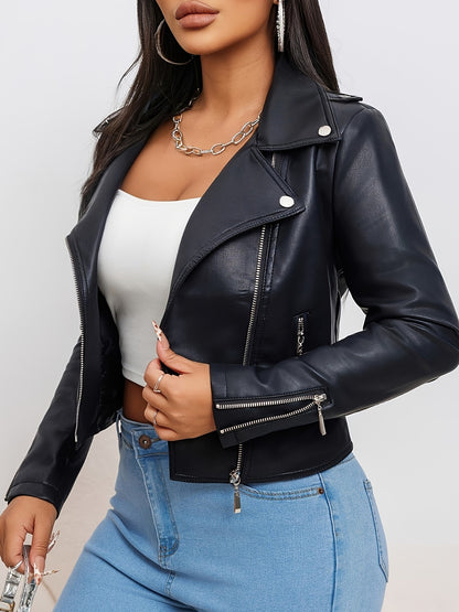 Women's Fashion Faux Leather Jacket 2024, Slim Fit PU Leather Biker Jacket, Solid Color, Long Sleeve, Zipper Front, Spring/Autumn Season, with Pockets, Commuter Style