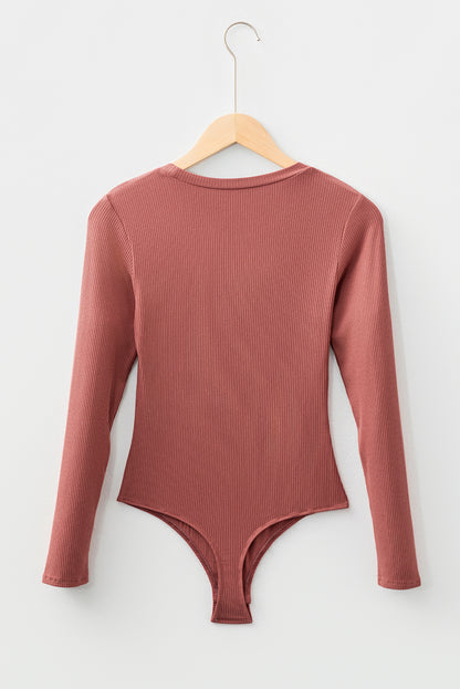 Mineral Red Ribbed Long Sleeve Crew Neck Solid Color Bodysuit