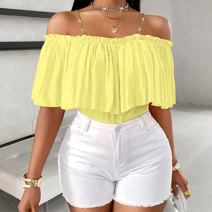 Vibrant Cold Shoulder Ruffle Trim Blouse - Charming Chain Strap, Solid Color, Casual, Spring & Summer Essential, Women's Clothing, Perfect for Outdoor Activities
