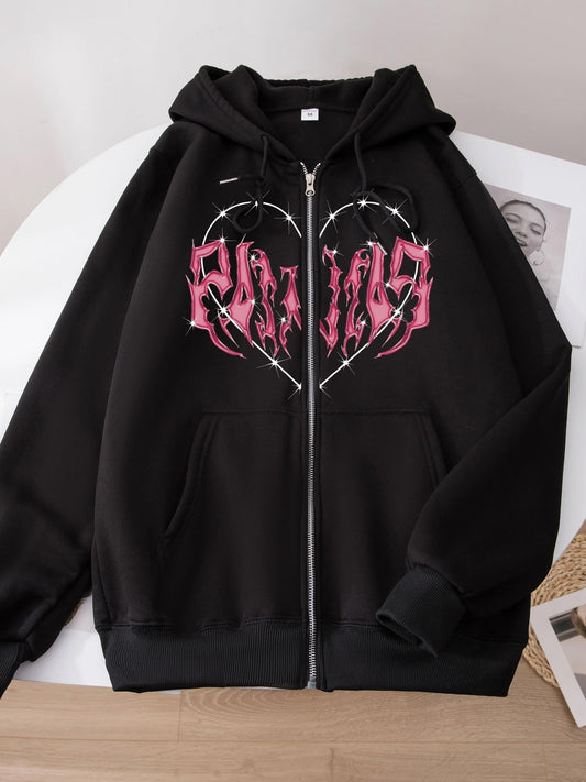 Heart Graphic Long Sleeve Zip Up Drawstring Hoodie, Stylish Pockets Loose Letter Print Sweatshirt, Women's Clothing