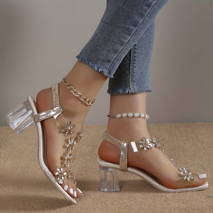 2023 Summer Women's Slip-On Square Toe Ankle Strap Sandals - Chunky Heel Casual Dress Shoes with Floral Embellishments, Breathable TPU Upper & Rubber Sole, Plus Size Available, Everyday Elegant Wear | Embellished Sole | Durab