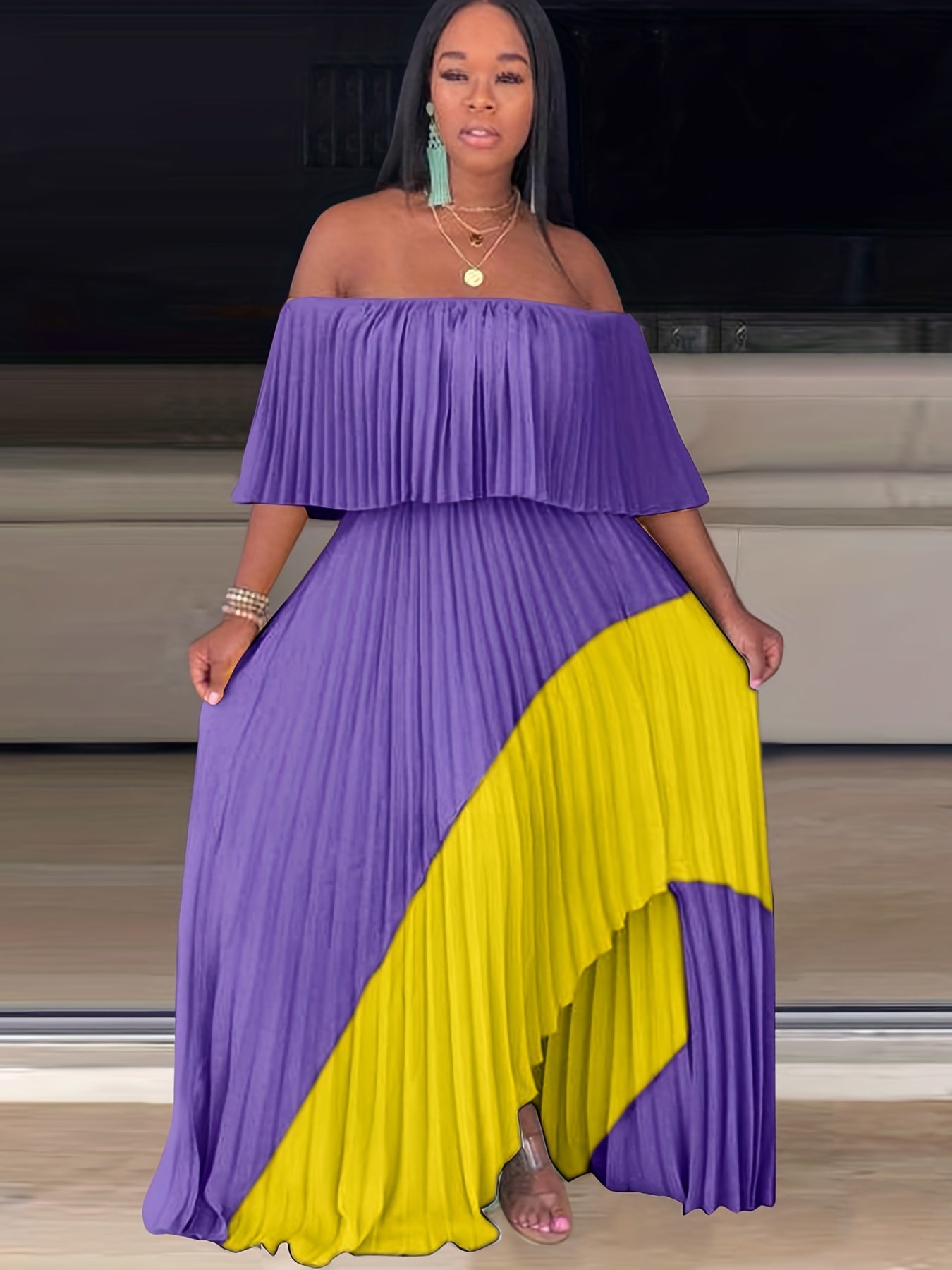 Flattering Pleated Off Shoulder Maxi Dress - Alluring Asymmetrical Hem for Glamorous Parties - Fashion-Forward Womens Formal Wear