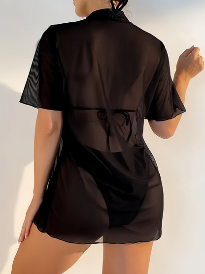 3 Piece Set Coconut Trees & Sunset Print Bikini - High Stretch, Crew Neck, Triangle Halter Neck, High Cut, Short Sleeves Cover Up Shirt - Polyester, Customized, Random Print, Knit Fabric Womens Swimwear & Clothing