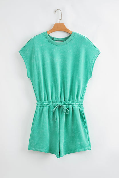 Sea Green Mineral Wash Drawstring Elastic Waistband Hollow Out Back Short Sleeve Romper