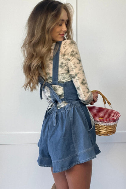 Sky Blue Buckle Straps Bib Style Tied Backless Flared Denim Overall