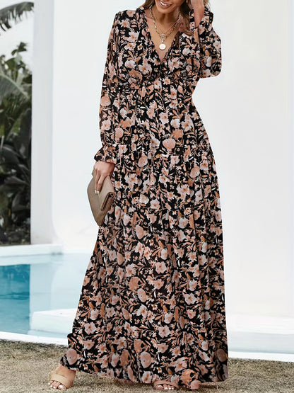 Lightweight Chiffon Floral Maxi Dress for Women - V-Neck, Long Sleeve, Layered Ruffle Hem, Bell-Bottom Maxi with Adjustable Waist Cincher, Perfect for Spring/Summer/Fall Vacations, Vacation Dress | Flowing Maxi Dress | Flowin