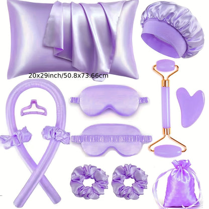 [12pcs Hair Styling Tools Set] 12pcs Hair Styling Tools Set for Sleeping, Hair Roller and Face Massager, 1pc Satin Pillowcase for Hair and Skin Queen Set, Satin Heatless Curling Set, Overnight Hair Curlers,1pc Soft Eye Mask f