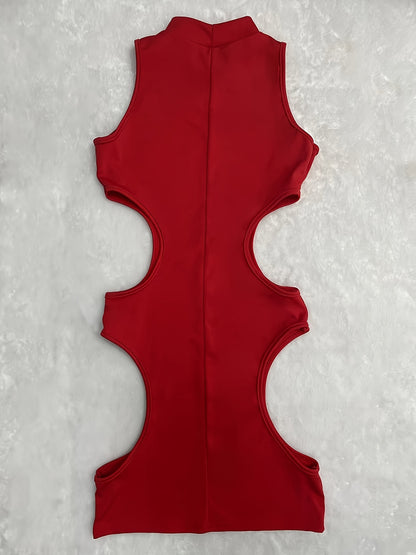 Women'S Sexy High Neck Cut-Out Mini Dress - Black Bodycon with Thigh-High Slit, Strappy Sandals & Clutch, Perfect for Summer Parties & Events, Party Attire | Sexy Bodycon Dress | Highneck Design