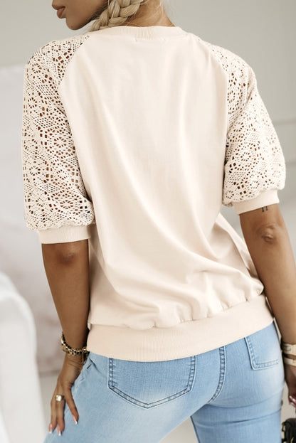 Jet Stream Lace Crochet Short Sleeve Round Neck T Shirt