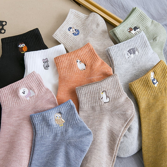 10 Pairs Cute Animal Pattern Socks, Cartoon Pattern Embroidery Cotton Ankle Socks, Women's Stockings & Hosiery