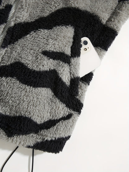 Aztec Pattern Fuzzy Jacket, Casual Zip Up Outwear For Winter & Fall, Women's Clothing