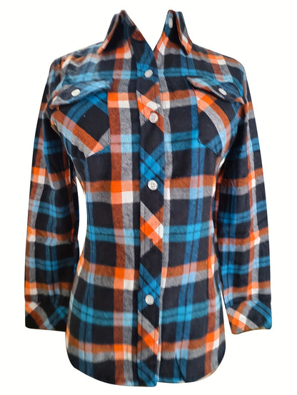 Women's Sexy Retro Slim Fit Long Sleeve Shirt - Blue & Orange Plaid Button-Up with Chest Pockets, Classic Collar, Machine Washable for Spring/Fall/Summer Casual & Office Wear, Seasonal Fashion Top | Durable Fabric Blouse