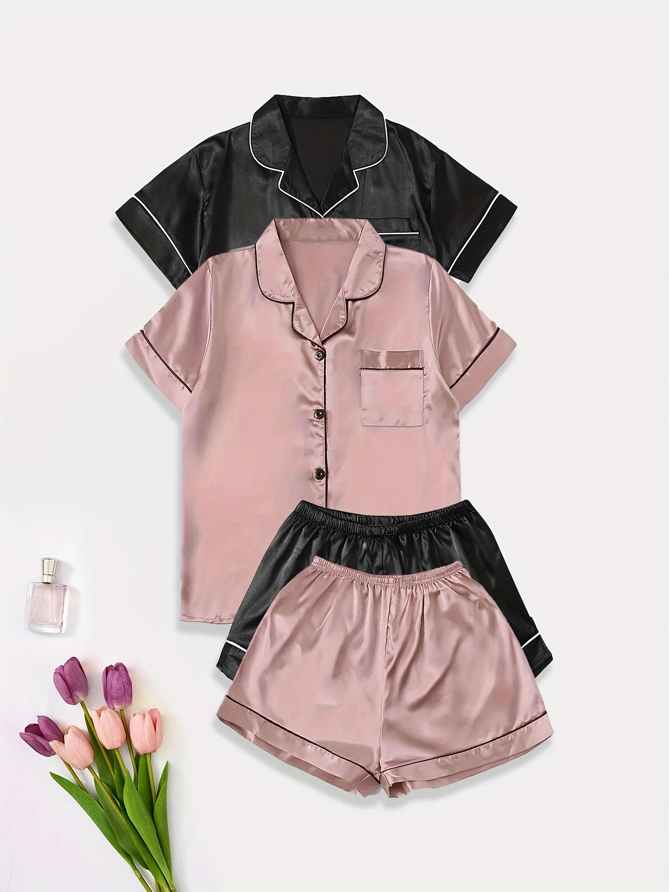 2 Sets of Ultra-Soft Satin Women's Casual Pajama Sets - Short Sleeve Buttons Lapel Top & Shorts with Comfortable Relaxed Fit, Breathable Fabric, and Cozy Sleepwear Experience for a Restful Night's Sleep