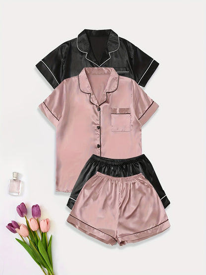 2 Sets of Ultra-Soft Satin Women's Casual Pajama Sets - Short Sleeve Buttons Lapel Top & Shorts with Comfortable Relaxed Fit, Breathable Fabric, and Cozy Sleepwear Experience for a Restful Night's Sleep