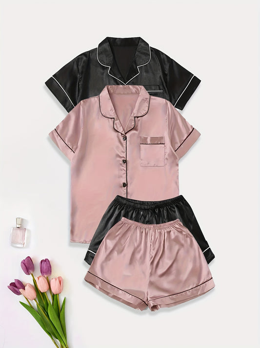 2 Sets of Ultra-Soft Satin Women's Casual Pajama Sets - Short Sleeve Buttons Lapel Top & Shorts with Comfortable Relaxed Fit, Breathable Fabric, and Cozy Sleepwear Experience for a Restful Night's Sleep