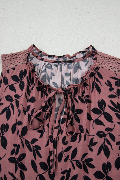 Brown Leaf Print Lace-up V Neck Crinckled Tank Top