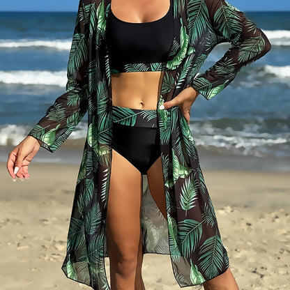 Tropical Leaf Print Stretchy 3 Piece Set Bikini With Long Sleeve Kimono, Scoop Neck Contrast Band Stylish Swimsuits, Women's Swimwear & Clothing For Holiday