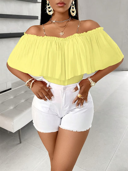 Vibrant Cold Shoulder Ruffle Trim Blouse - Charming Chain Strap, Solid Color, Casual, Spring & Summer Essential, Women's Clothing, Perfect for Outdoor Activities