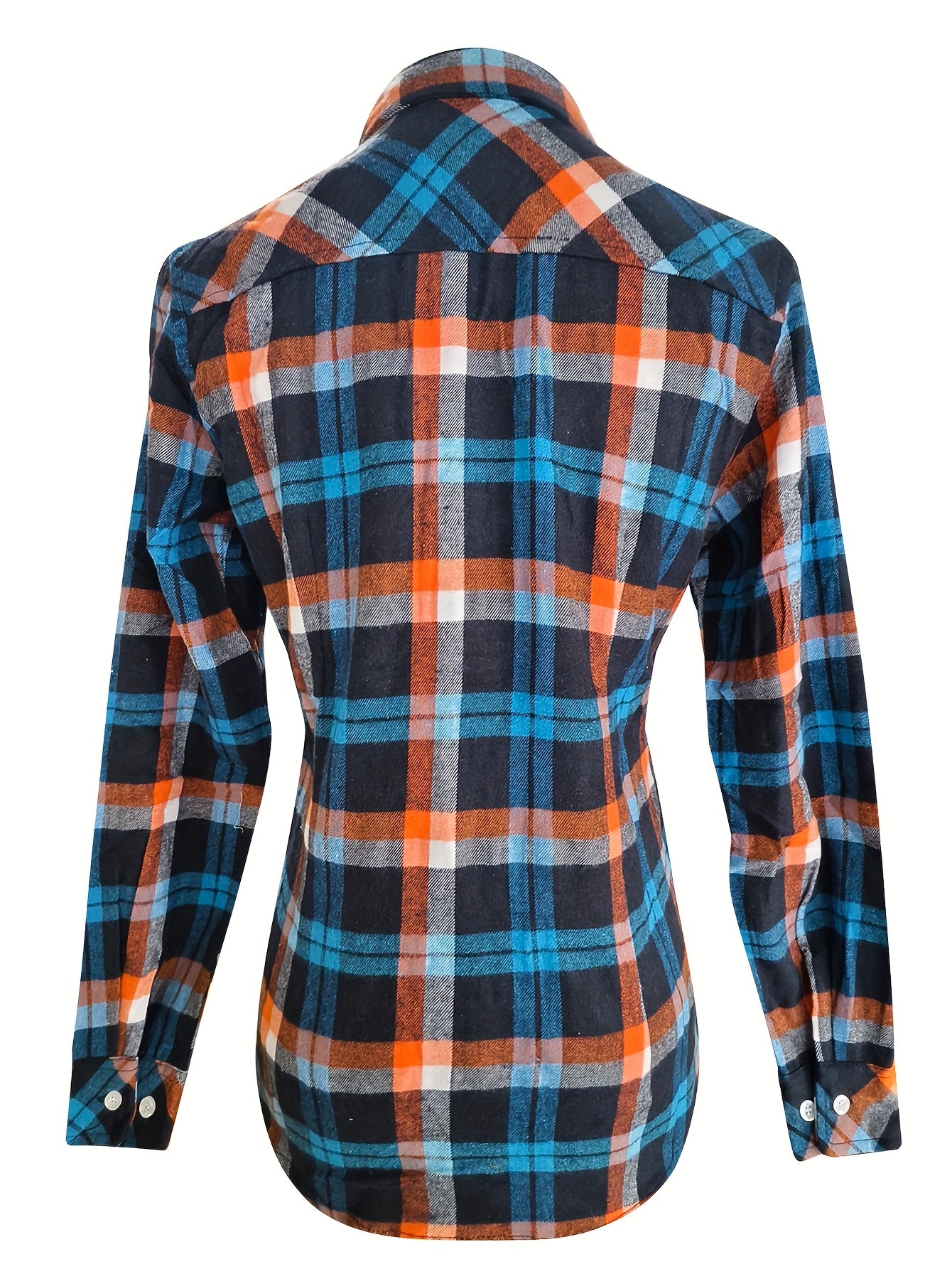 Women's Sexy Retro Slim Fit Long Sleeve Shirt - Blue & Orange Plaid Button-Up with Chest Pockets, Classic Collar, Machine Washable for Spring/Fall/Summer Casual & Office Wear, Seasonal Fashion Top | Durable Fabric Blouse