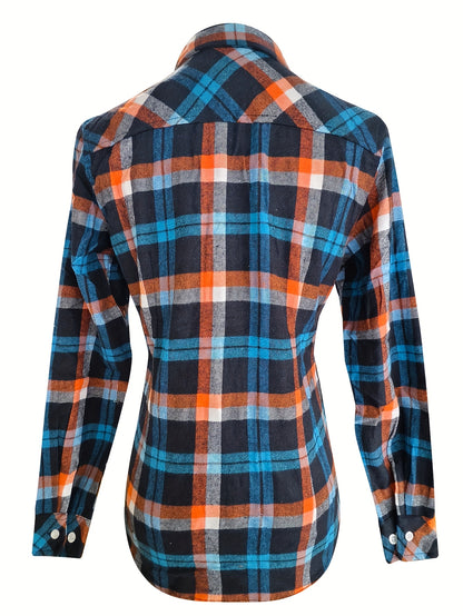 Women's Sexy Retro Slim Fit Long Sleeve Shirt - Blue & Orange Plaid Button-Up with Chest Pockets, Classic Collar, Machine Washable for Spring/Fall/Summer Casual & Office Wear, Seasonal Fashion Top | Durable Fabric Blouse