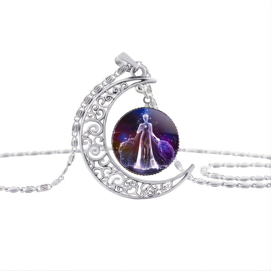 Twelve Zodiac Constellations Moon Phase Necklace - Timeless Gemstone Pendant with Adjustable Chain - Unique Personality Jewelry and Birthday Gift Idea for Women and Girls