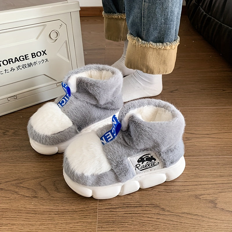 [Soft Pink Slippers] Warm Non-Slip Unisex Winter Slippers with Thick EVA Sole | Plush Fleece Indoor/Outdoor Shoes, Soft Pink Cartoon Rabbit Design for Men & Women