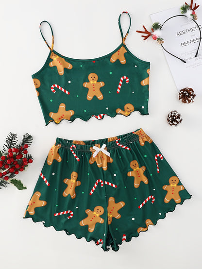 Women's Christmas Gingerbread Man Print Sexy Pajama Set Knit Polyester Loungewear with Crew Neck Cami Top and Shorts - All-Season Sleepwear