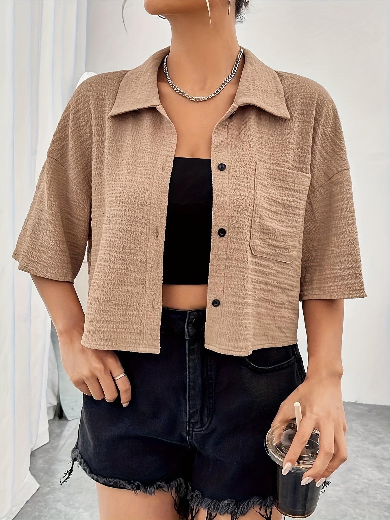 Button Front Crop Blouse, Casual Short Sleeve Blouse For Spring & Summer, Women's Clothing