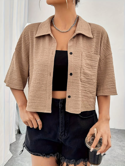 Button Front Crop Blouse, Casual Short Sleeve Blouse For Spring & Summer, Women's Clothing