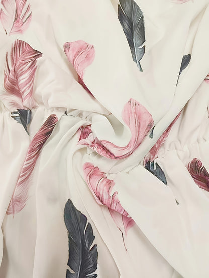 Stunning Off-Shoulder Feather Print Maxi Dress - Chic Flounce Sleeves, Flowy Bohemian Design, Summer Casual Wear, Elegant Party Dress for Women - Soft Fabric, Relaxed Fit, and Comfortable to Wear