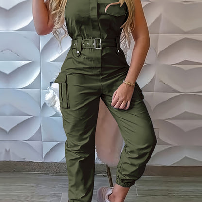 Solid Flap Pocket Cargo Jumpsuit, Casual Sleeveless Belted Flap Detail Jumpsuit, Women's Clothing