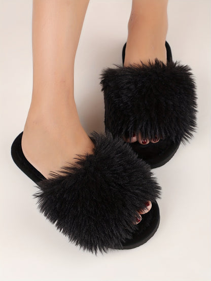 Elegant Women's Faux Fur Slippers - Winter Plush Open Toe Slip-On House Slippers with EVA Sole - Solid Color Fluffy Indoor Cotton Slides - Cixi Production Area