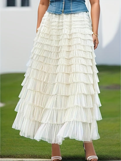 Multilayer Ruffles Tulle Skirt, Casual Fluffy Skirt For Spring & Summer, Women's Clothing