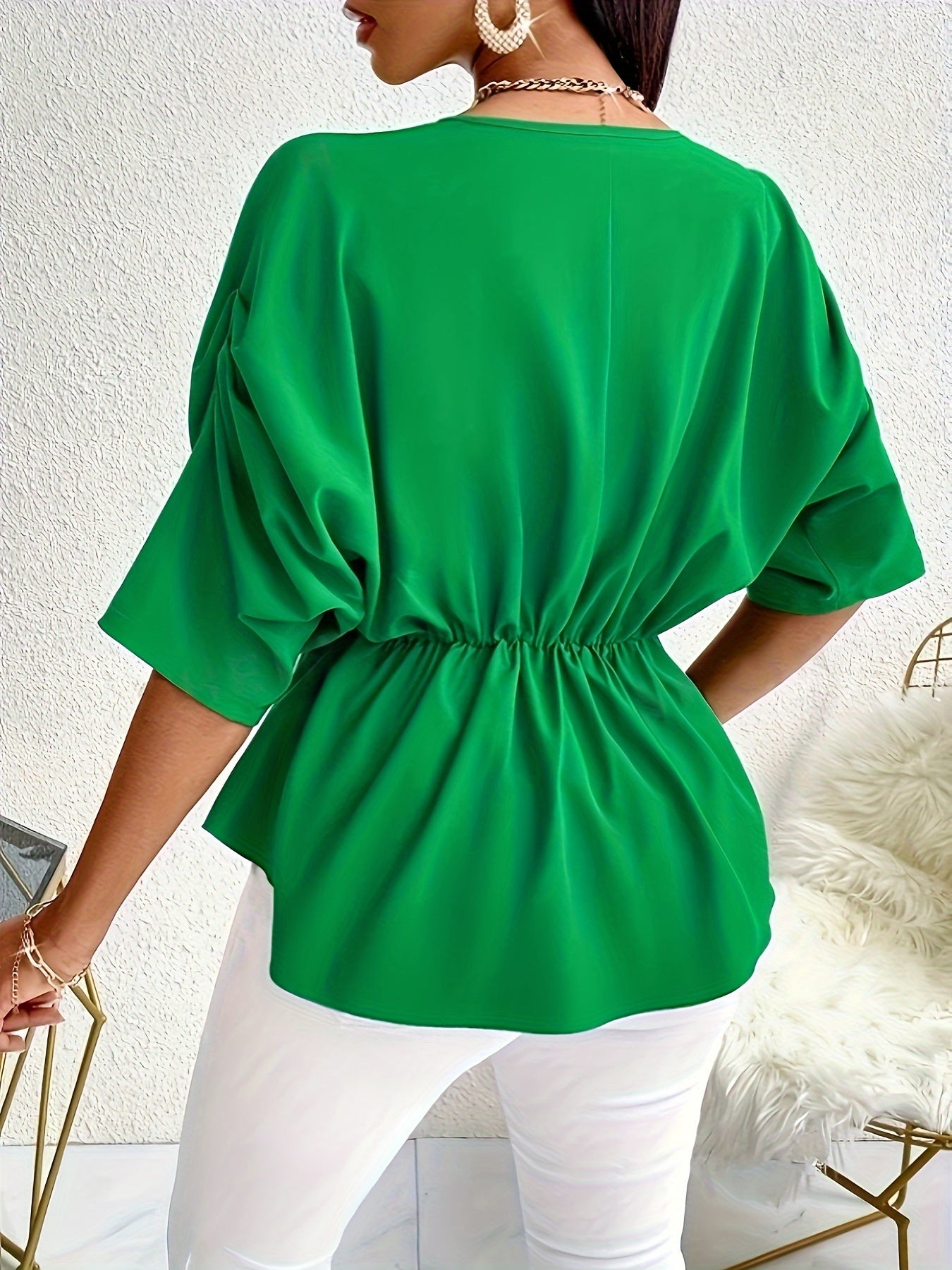 Stylish V-Neck Batwing Blouse - Cinched Waist, Flare Tuck Design, Elegant Short Sleeves for Spring & Summer, Women's Fashion Clothing for Outdoor Activities