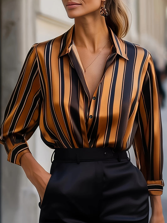 Elegant Special Women's Striped Shirt - Classic Collar Button-Up Blouse with Mustard & Black Stripes, Premium Fabric for Office & Casual Wear, Machine Washable Versatile Top, Smooth Texture Fabric