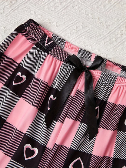 3pcs Women's Plaid Pajama Set - Comfortable Polyester Knit, Crew Neck, Short Sleeve Top with Cropped Pants and Shorts for All-Season Sleepwear